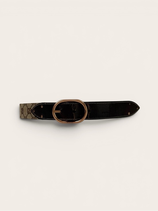 Gucci Accessories - Gucci Vintage GG Monogram Canvas Belt Brown Leather Trim Gold Tone Buckle
